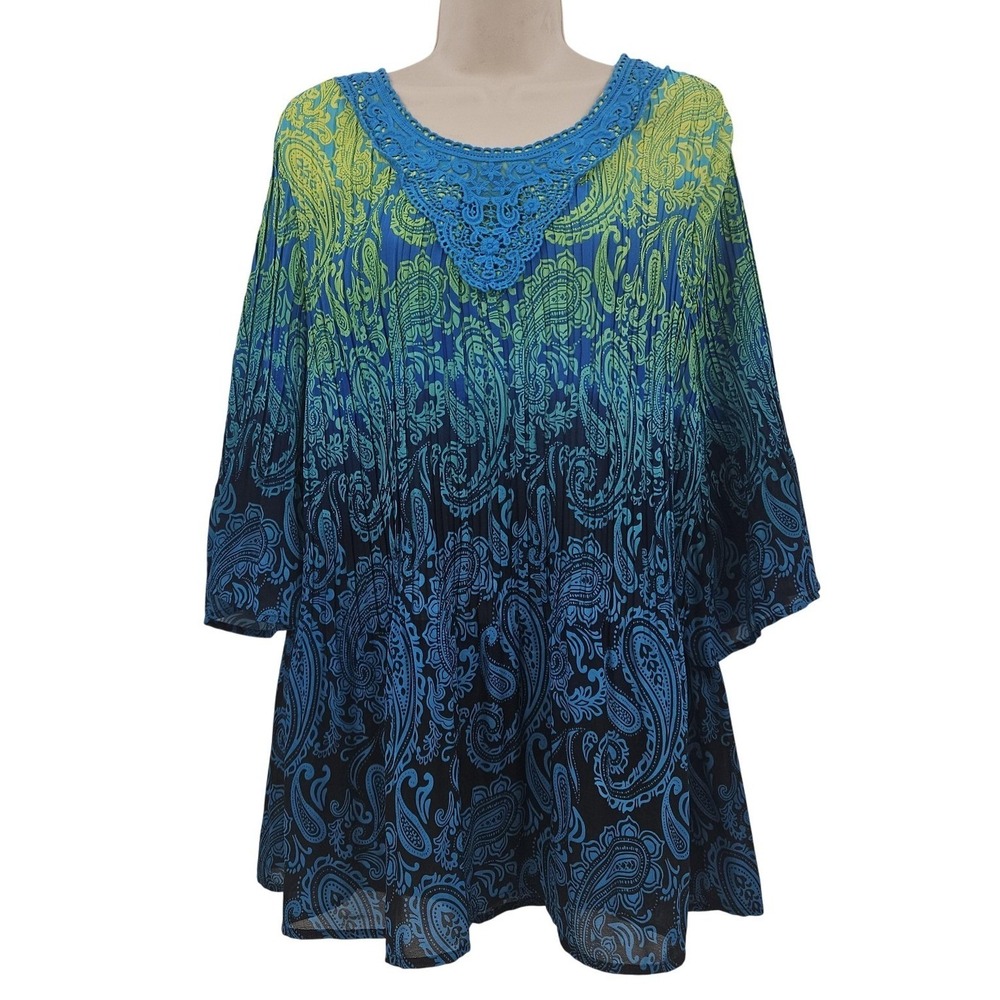Catherines Shirt Women 0X 14-16W Blue Green Paisley Crochet Artsy Whimsical Boho